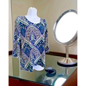 Croft & Barrow Popover Tunic Top PL Blue Paisley 3/4 Sleeve Round Neck Stretch